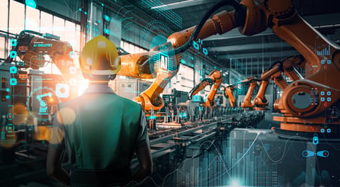 Female industrial engineer working with AI automation robot arms in intelligent factory