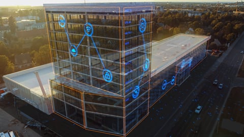 Modern smart building construction site with drone footage showing building development