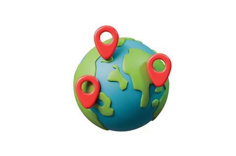 3d earth with location pins icon. global navigation concept. minimal cartoon map pin gps marker globe for travel app ui. isolated on white transparent background. 3d render.