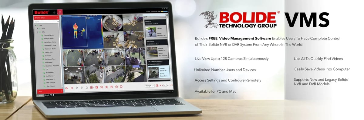 Laptop displaying BOLIDE VMS video management software interface with multiple camera feeds and monitoring options