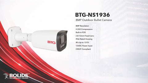 BTG-NS1936 8MP outdoor bullet security camera with technical specifications and red wave design