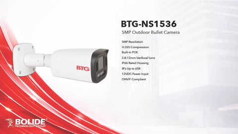 BTG-NS1536 5MP outdoor bullet camera with technical specifications and BOLIDE Technologies branding