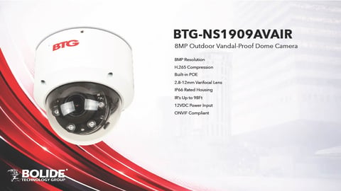 BTG-NS1909AVAIR 8MP outdoor vandal-proof dome camera with technical specifications and product details displayed