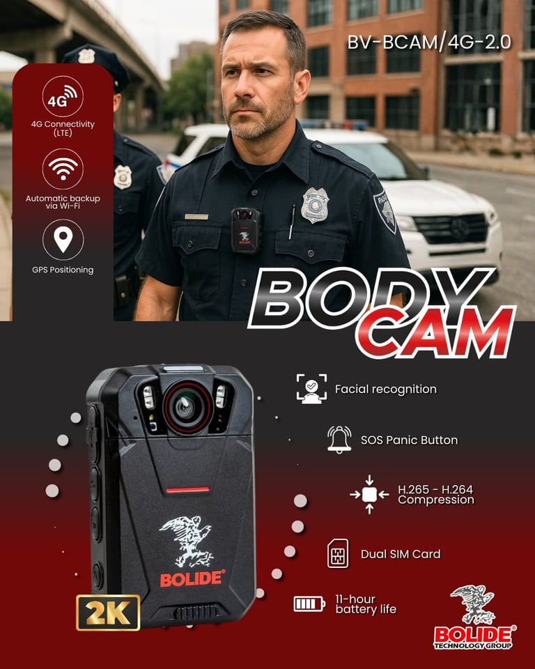 Police officer wearing body camera with product features overlay showing 4G connectivity, facial recognition, SOS button, 2K compression, dual SIM card, and 11-hour battery life
