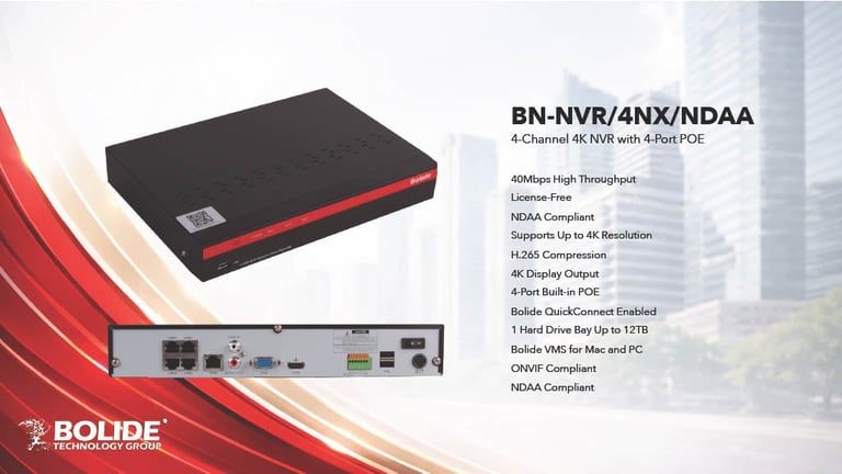 BOLIDE BN-NVR/4NX/NDAA network video recorder with specifications listed, shown from top and rear port views