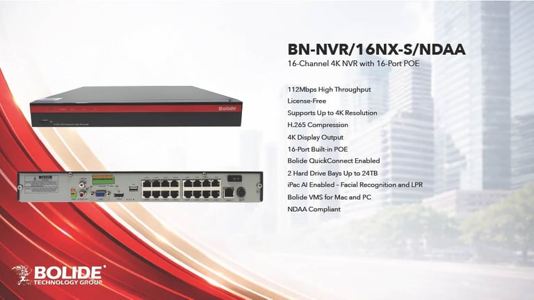 BN-NVR/16NX-S/NDAA network video recorder with 16-channel 4K NVR specifications and ports displayed