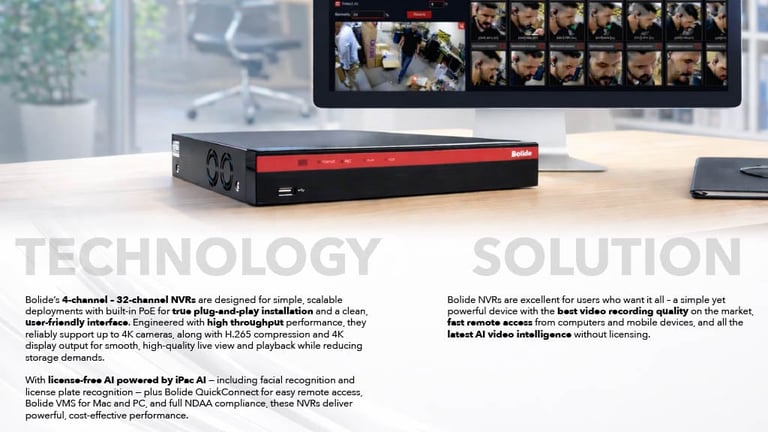 Red and black Bolide 4-channel DVR device on office desk with product description text below