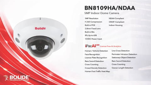 Bolide BN8109HA/NDAA SMF indoor dome camera with specifications and features list