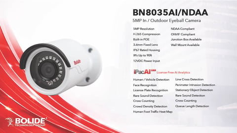 White outdoor eyeball security camera BN8035AI/NDAA with specifications and features listed, including 5MP resolution and iPacAI analytics