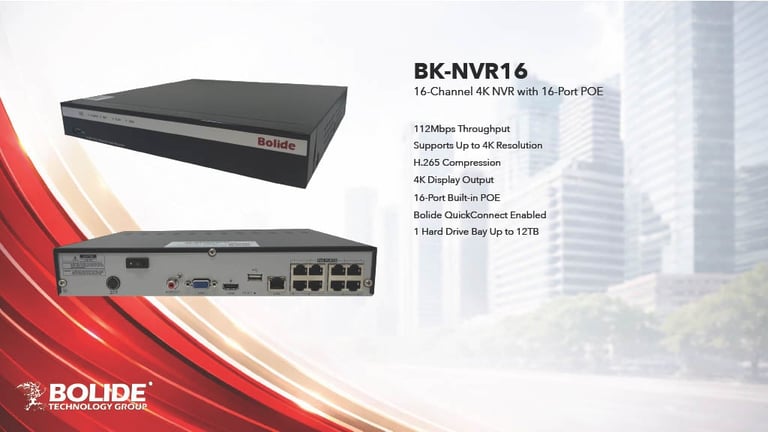 BK-NVR16 16-channel NVR device from Bolide showing top and front views with specifications