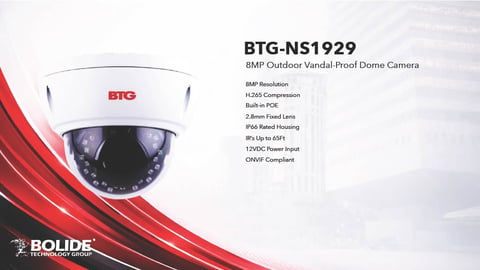 BTG-NS1929 8MP outdoor vandal-proof dome camera with technical specifications and red design elements