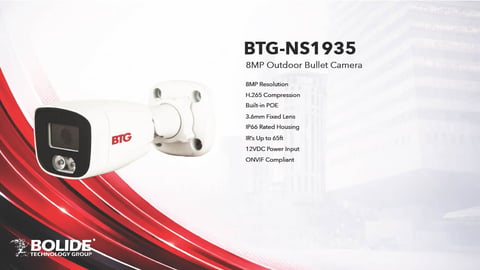 BTG-NS1935 8MP outdoor bullet camera product image showing device and mounting bracket with specifications list