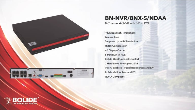 Bolide NVR/8NX-S/NDAA 8-channel 4K recorder with technical specifications and ports shown