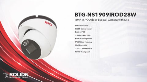 BTG-NS1909IROD28W 8MP outdoor eyeball camera with microphone and technical specifications listed