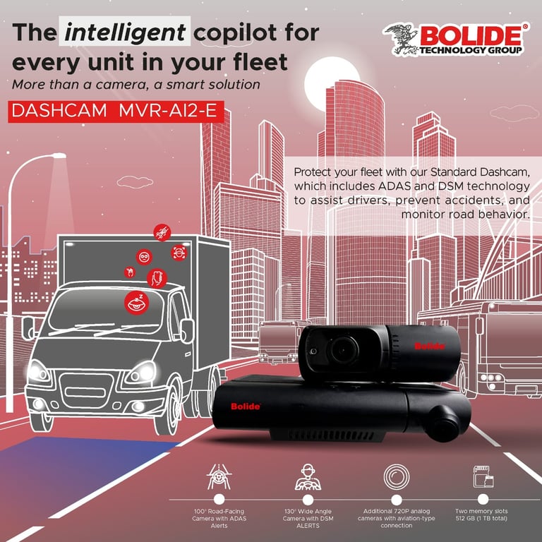 Bolide dashcam MVR-AI2-E product advertisement showing fleet management solution with truck and city backdrop
