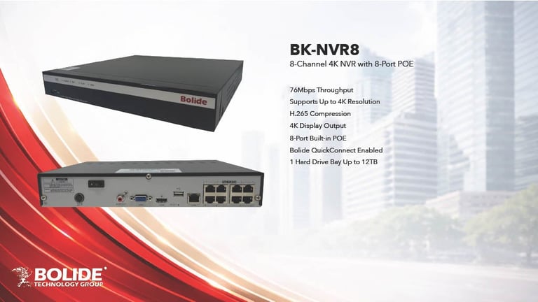 BK-NVR8 8-channel 4K NVR device with 8 PoE ports, shown with front and rear views, specifications listed on the right side