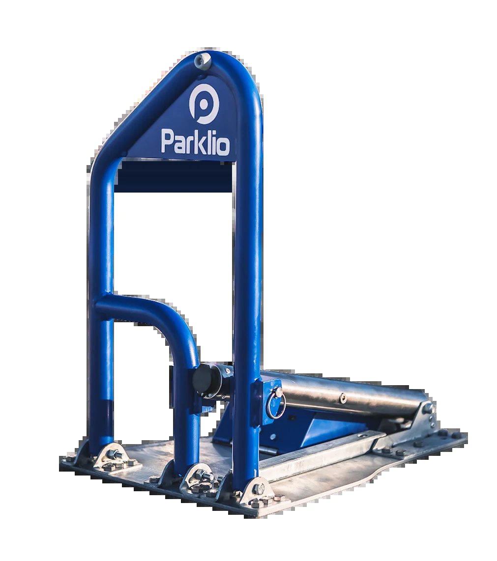 Blue Parklio automatic parking barrier device with metal base and cylindrical locking mechanism on white background