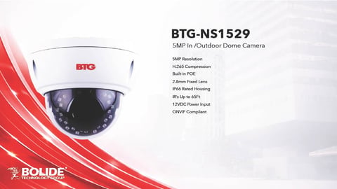 BTG-NS1529 5MP indoor/outdoor dome camera with specifications including H.264/H.265 compression and 2.8mm fixed lens